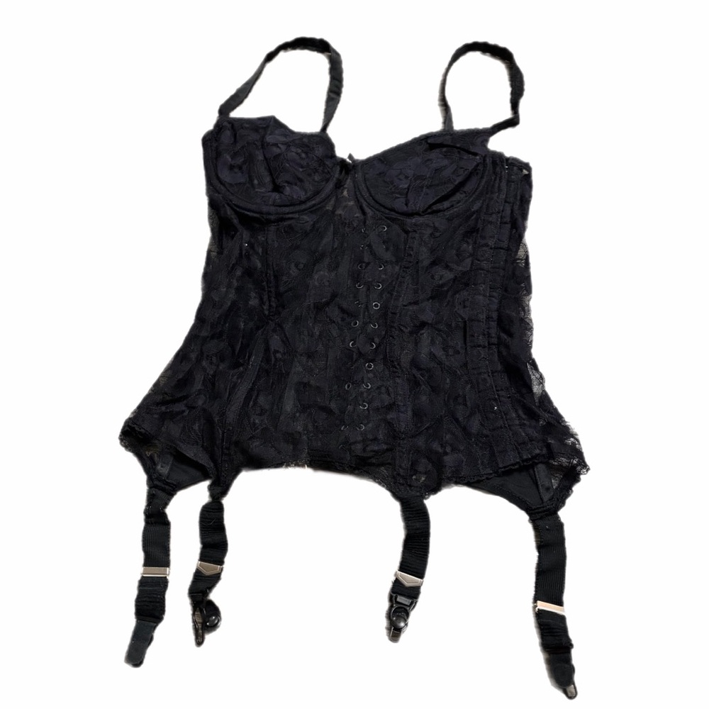 70s/80s European Vintage Elda Floral Vine Lace Corset w/Garters Black Size 44/L